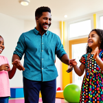 A group of happy, diverse young children, fully clothed in colorful, modest clothing, joyfully dancing and singing in a bright, family-friendly play area. The background features simple, vibrant, abstract shapes and soft lighting, suggesting an inviting space for children's entertainment. A parent, dressed in appropriate attire, watches them with a gentle, supportive smile, enjoying the moment of shared activity. Safe for work, appropriate content, fully clothed, family-friendly, perfect anatomy, correct proportions, natural poses, well-formed hands, proper finger count, professional photography, high quality.