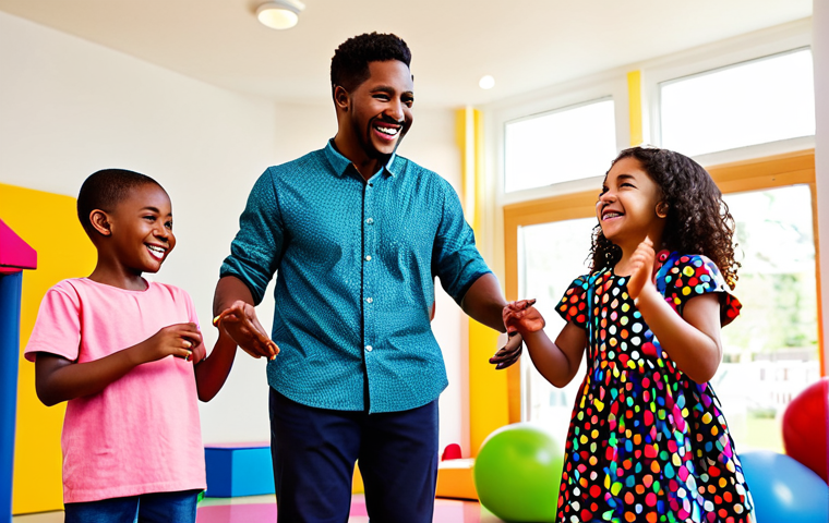 A group of happy, diverse young children, fully clothed in colorful, modest clothing, joyfully dancing and singing in a bright, family-friendly play area. The background features simple, vibrant, abstract shapes and soft lighting, suggesting an inviting space for children's entertainment. A parent, dressed in appropriate attire, watches them with a gentle, supportive smile, enjoying the moment of shared activity. Safe for work, appropriate content, fully clothed, family-friendly, perfect anatomy, correct proportions, natural poses, well-formed hands, proper finger count, professional photography, high quality.