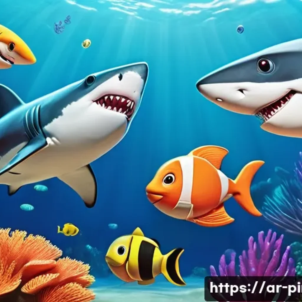 아기상어 비하인드 스토리 - A vibrant, colorful animated scene featuring a cheerful family of cartoon sharks in a lively underwa...