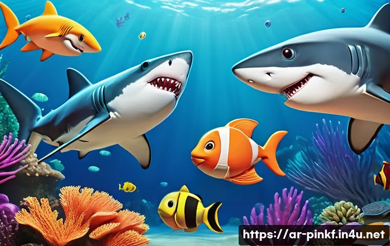 아기상어 비하인드 스토리 - A vibrant, colorful animated scene featuring a cheerful family of cartoon sharks in a lively underwa...
