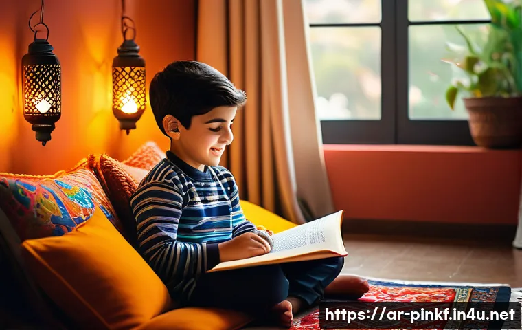 핑크퐁 동화책 - A vibrant and colorful scene showing an Arabic-speaking child around 5 years old sitting comfortably...