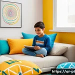 핑크퐁 오디오북 - A vibrant and colorful children's room in a modern Middle Eastern home, featuring a young Arab child...