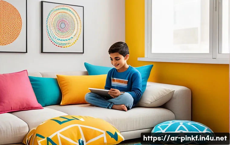 핑크퐁 오디오북 - A vibrant and colorful children's room in a modern Middle Eastern home, featuring a young Arab child...