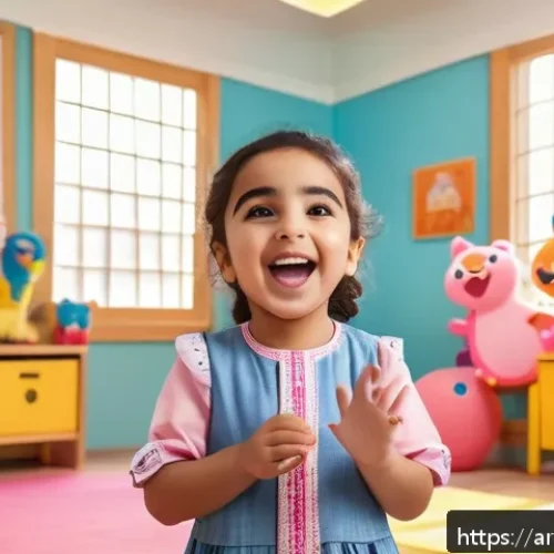핑크퐁의 인기 동요 TOP 10 - A lively and colorful classroom scene in an Arabic-speaking home setting, featuring a cheerful young...