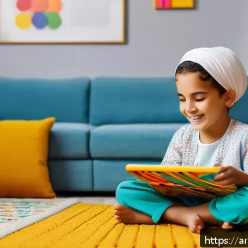 핑크퐁과 교구 - A joyful Arab child wearing colorful casual clothes and sitting cross-legged in a bright, cozy livin...