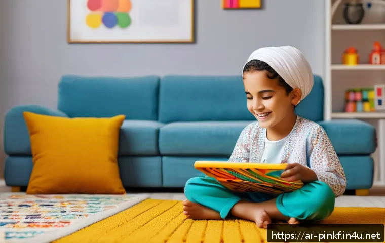 핑크퐁과 교구 - A joyful Arab child wearing colorful casual clothes and sitting cross-legged in a bright, cozy livin...