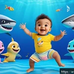 핑크퐁 아기상어 노래 - A vibrant and colorful animated scene featuring a cheerful Arab toddler wearing a patterned diaper, ...