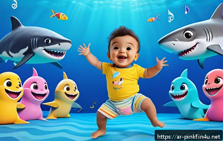 핑크퐁 아기상어 노래 - A vibrant and colorful animated scene featuring a cheerful Arab toddler wearing a patterned diaper, ...