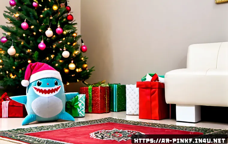 핑크퐁 크리스마스 에디션 - Photorealistic Christmas gift display in a modern Arab family living room, a cute original pink shar...
