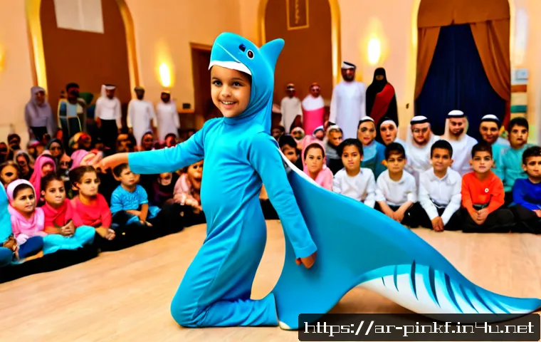아기상어 춤 대회 - Photorealistic children’s ocean-themed dance competition in a bright Gulf community hall, two joyful...