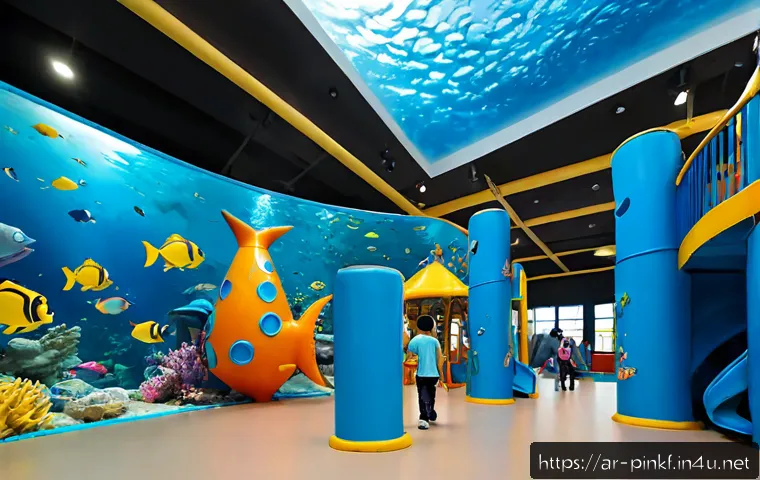 핑크퐁 테마파크 - Photorealistic family-friendly indoor children’s theme park inspired by a cheerful underwater advent...